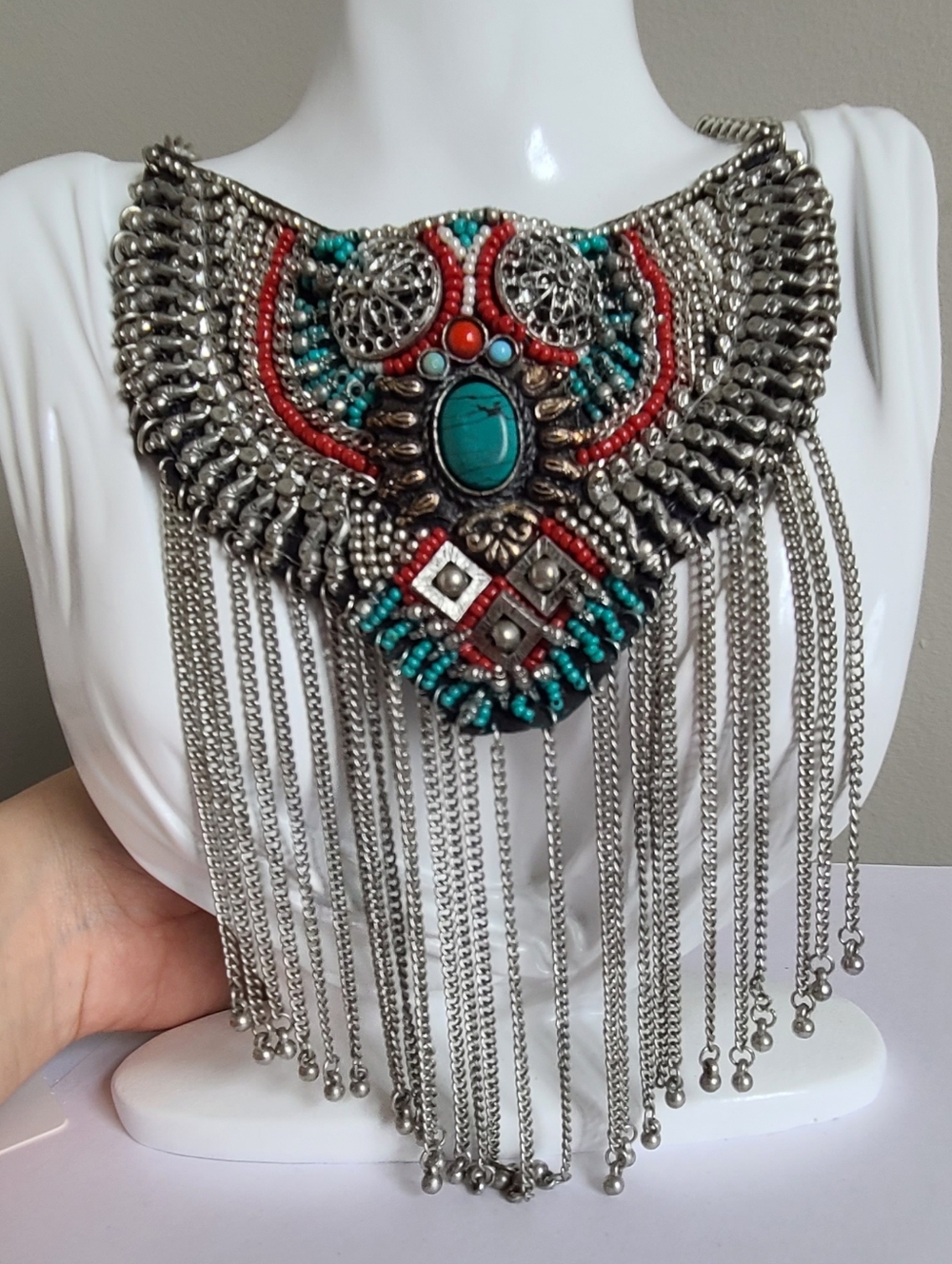Southwestern Boho Native Beaded Silver Tone Dangle Statement Bib Collar Necklace
